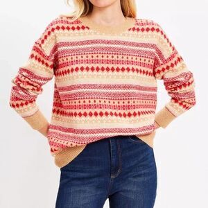 LOFT Women’s Fair Isle Sweater – Size L – Red Tan Cream Knit – Cozy Soft Cotton